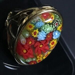 Millefiori Glass Thousand Flowers Black Stainless Ring size 7 - 7.25 nwot